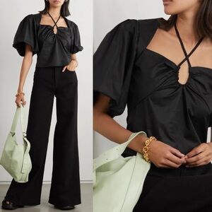 NWT FRAME Cutout Gathered Stretch-Cotton Sateen Blouse M